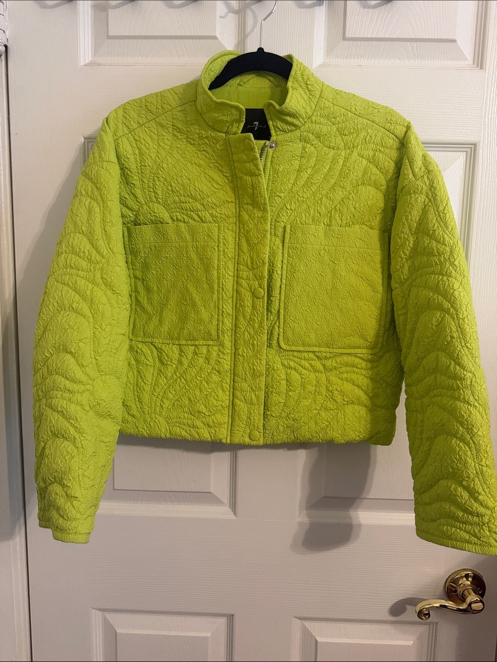 7 For All Mankind Womens Neon Lime Green‎ Quilted Cropped Jacket Floral Swirl Sm